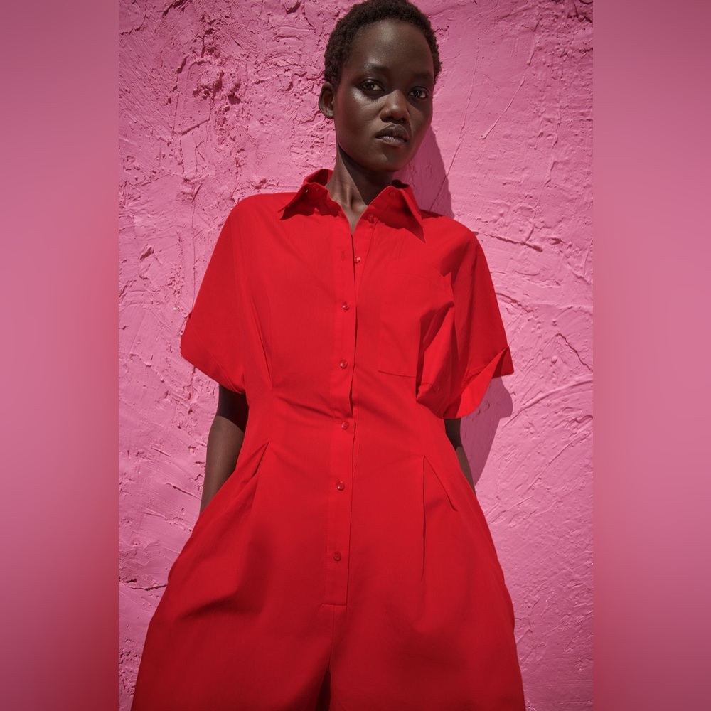 NWT ZARA SHORT POPLIN JUMPSUIT RED